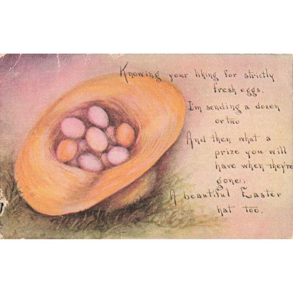 Vtg 1911 Easter Postcard Straw Hat with Fresh Eggs Poem FA Owen Publishing Co - Picture 1 of 2